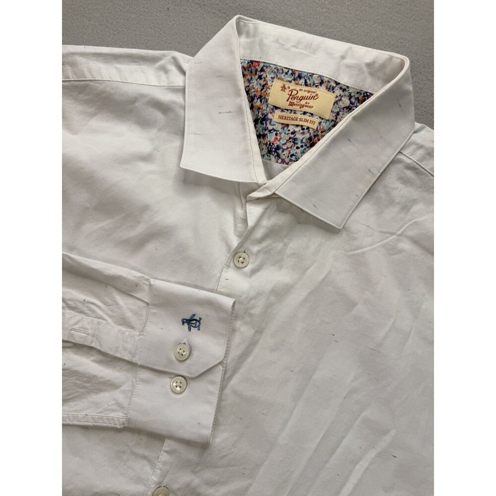 Original Penguin Heritage Slim Fit White Speckled Shirt Men’s Medium M Button Up
